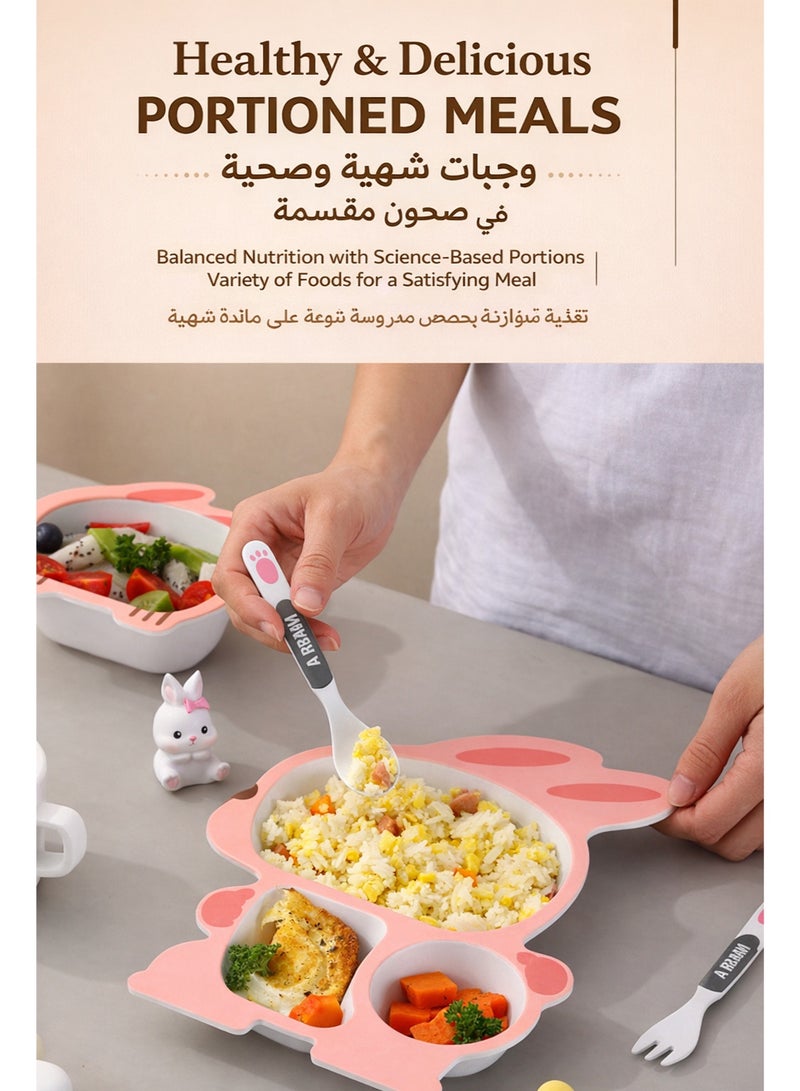 طقم أوعية وأطباق تغذية للأطفال 5 قطع، طقم أدوات مائدة من ألياف البامبو للأطفال، طقم طعام للأطفال الصغار بتصميم أرنب مع طبق مقسم ووعاء وكوب وملعقة وشوكة - Image 4